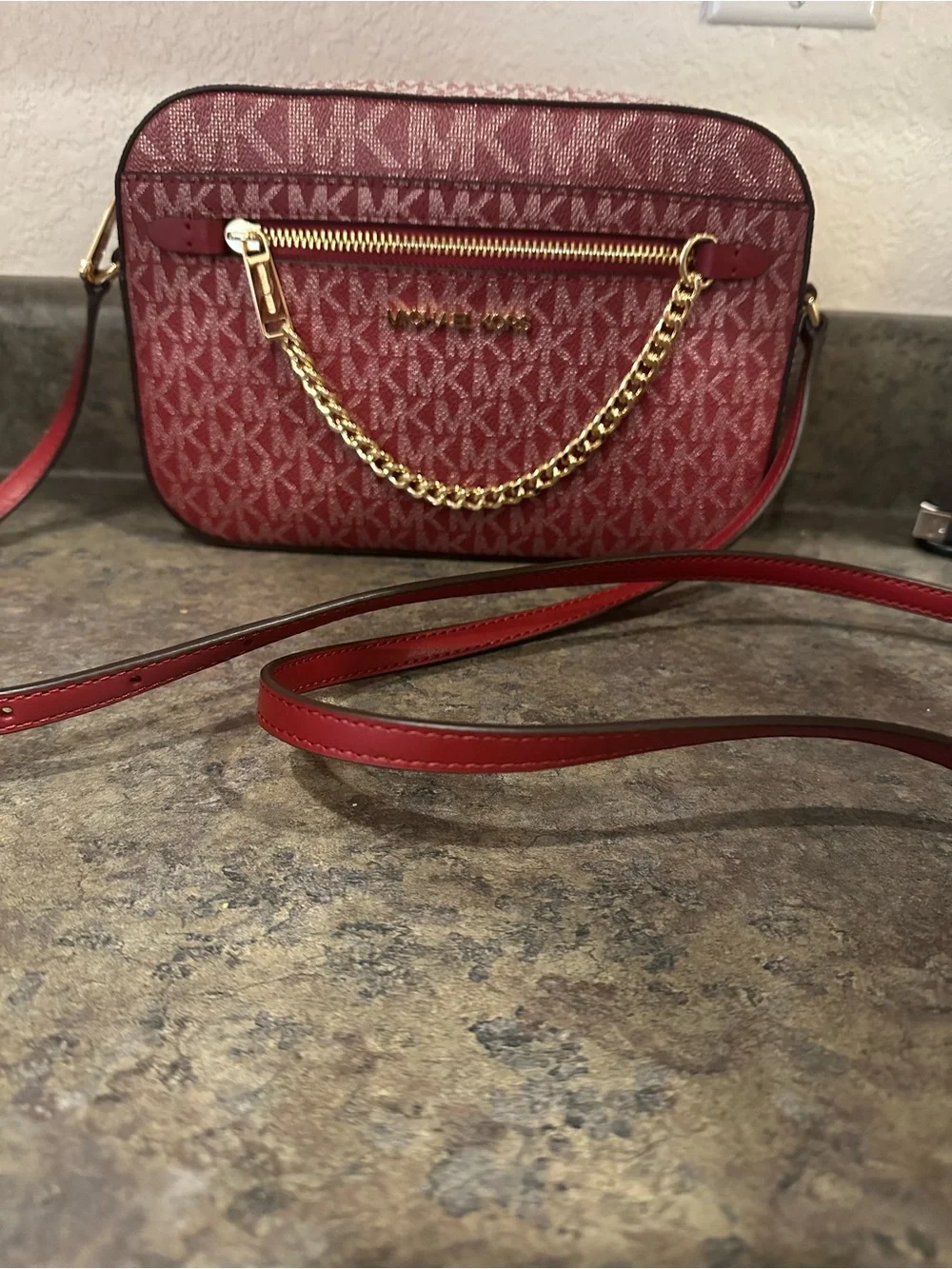 Michael Kors Red Signature Chain-Accent Crossbody